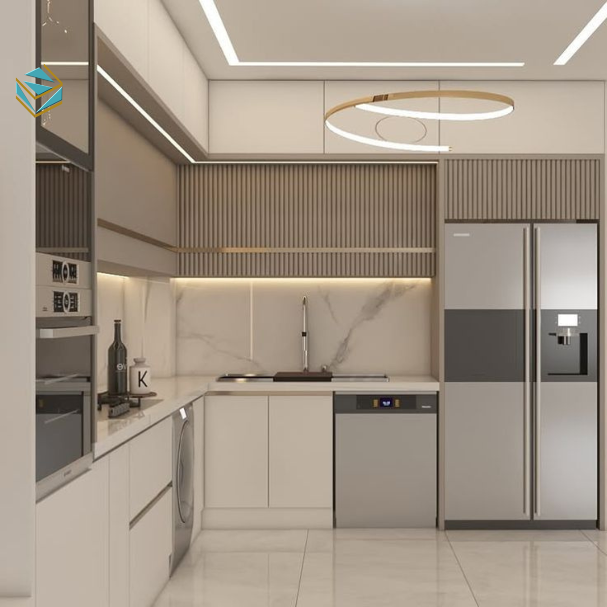 Giải pháp thiết kế tủ bếp tập trung vào tối ưu lưu trữ và công năng sử dụng. Nhờ bố trí khoa học, gian bếp luôn ngăn nắp trong suốt mùa Tết.