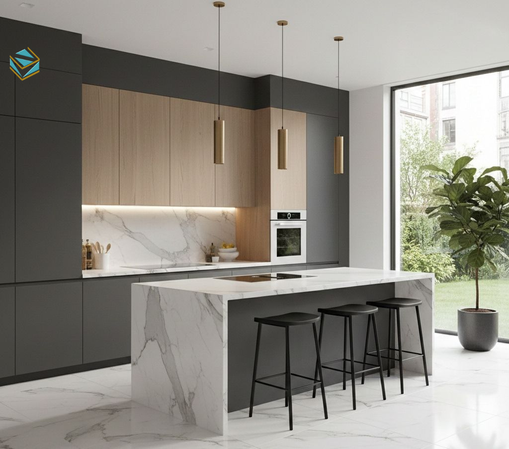 Thiết kế tủ bếp sử dụng MDF chống ẩm giúp hạn chế cong vênh và ẩm mốc. Nhờ đó, gian bếp luôn sạch sẽ và bền đẹp lâu dài.