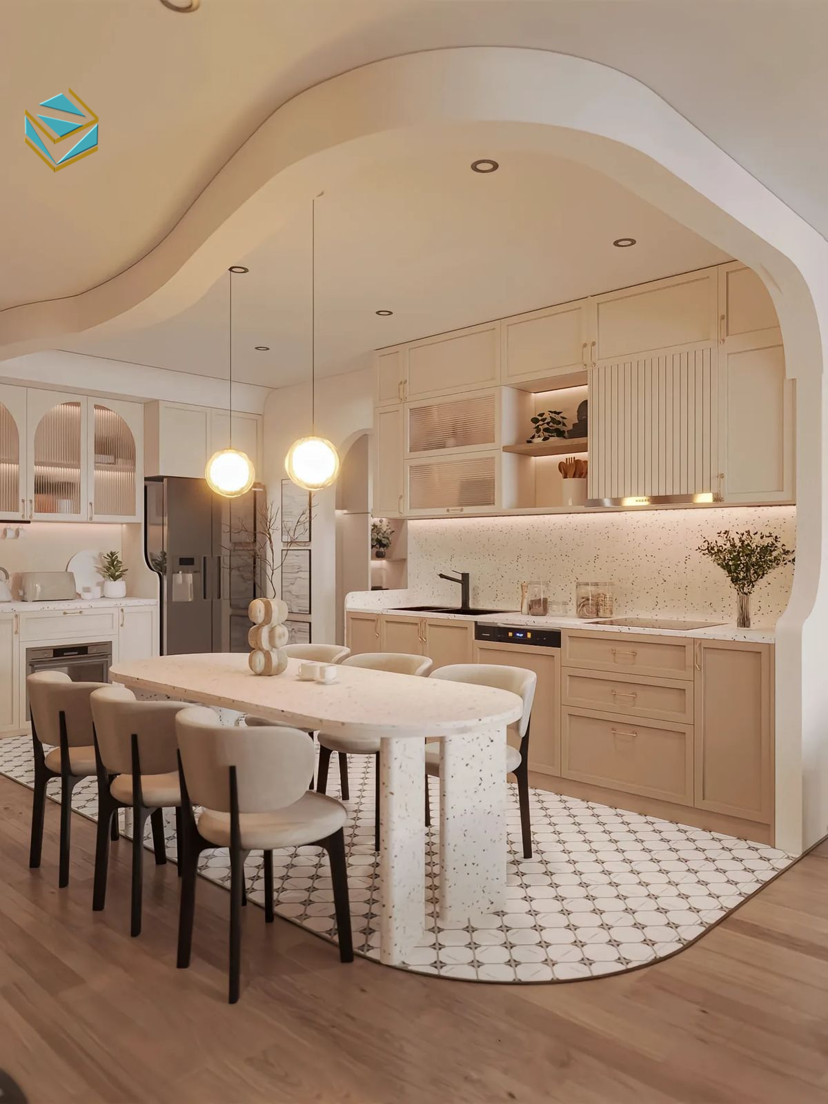 Thiết kế tủ bếp tích hợp phụ kiện thông minh giúp sắp xếp đồ dùng khoa học. Nhờ đó, bếp không bị lộn xộn khi chuẩn bị nhiều món ăn.