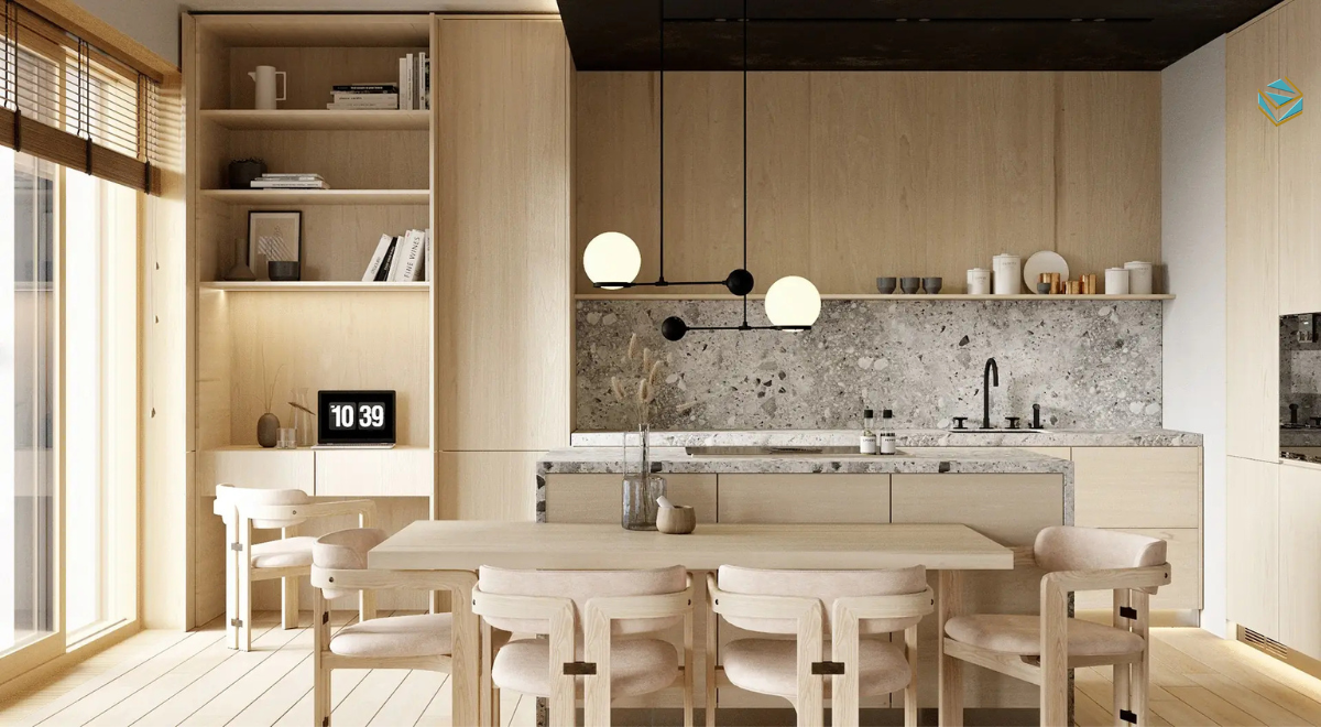 Mẫu tủ bếp cho gia đình đông người thiết kế chữ L, tối ưu diện tích và phân chia khu vực bếp khoa học.