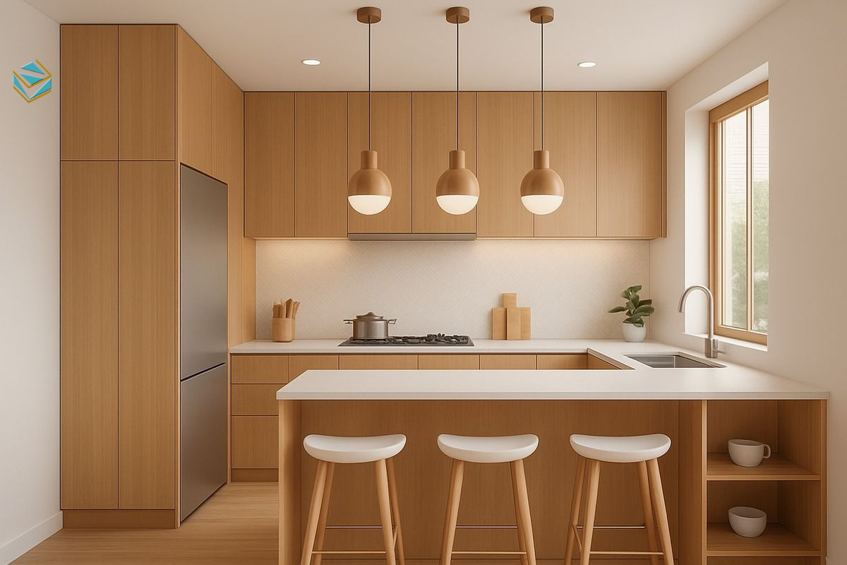 Tủ bếp cho gia đình nấu ăn nhiều được thiết kế nhiều khoang chứa. Đồ khô, xoong nồi và dụng cụ luôn được sắp xếp gọn gàng.