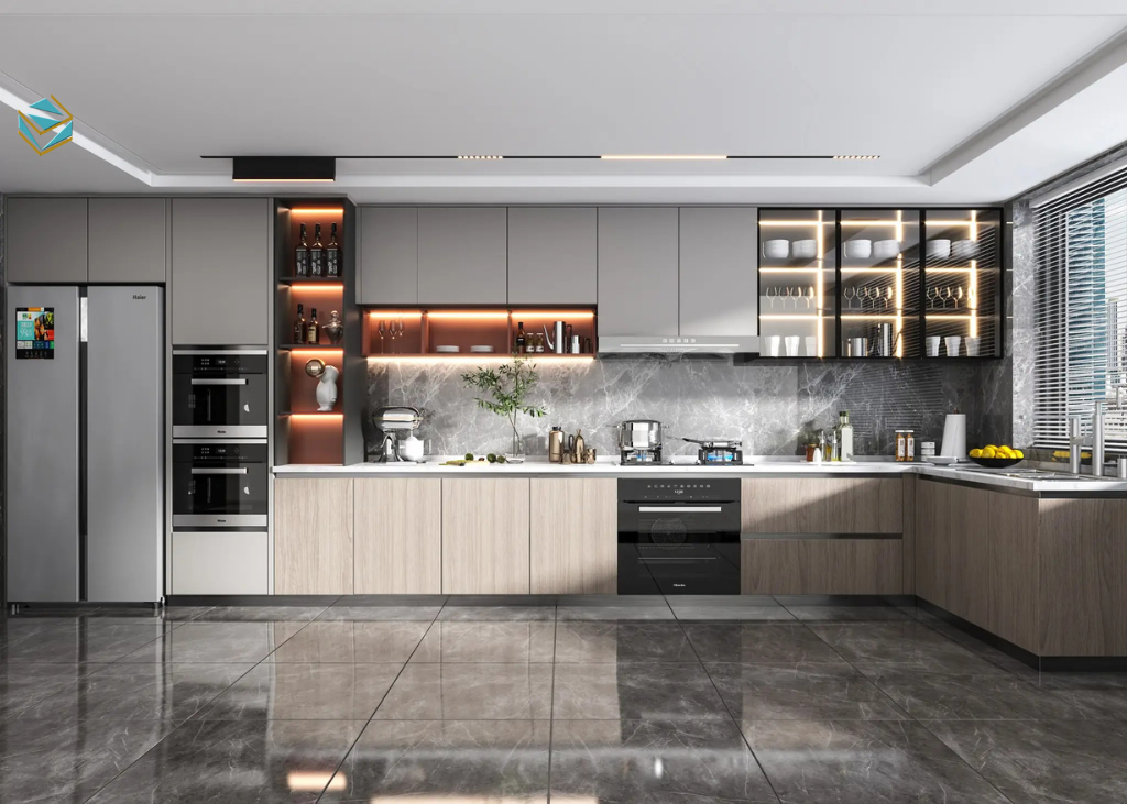 Giải pháp tủ bếp cho gia đình sử dụng vật liệu nhựa PVC/Picomat, bền bỉ và dễ vệ sinh.