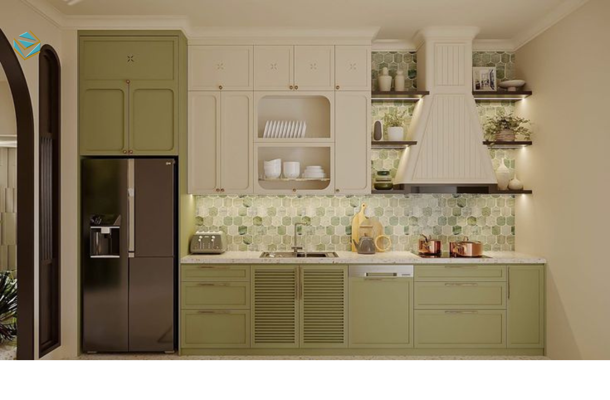 Tủ bếp cho nhà có trẻ nhỏ được sắp xếp công năng hợp lý, hạn chế trẻ với tay vào bếp nấu hoặc dao kéo.