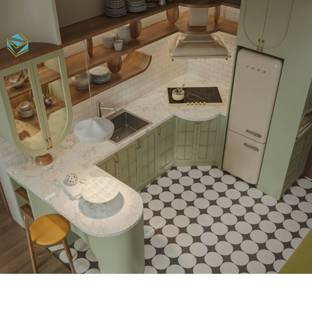 Mẫu tủ bếp cho nhà có trẻ nhỏ được thiết kế bo góc mềm mại, hạn chế va chạm và tăng độ an toàn khi sinh hoạt.