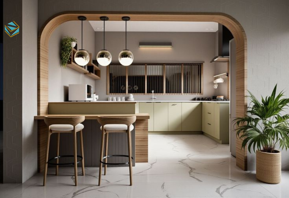 Mẫu tủ bếp cho nhà có trẻ nhỏ sử dụng hệ tủ kín, tăng tính an toàn trong sinh hoạt hàng ngày.