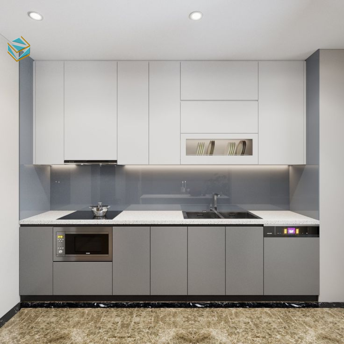 Không gian bếp nhỏ được tối ưu nhờ tủ bếp chữ I bố trí thẳng, thuận tiện di chuyển và nấu nướng.