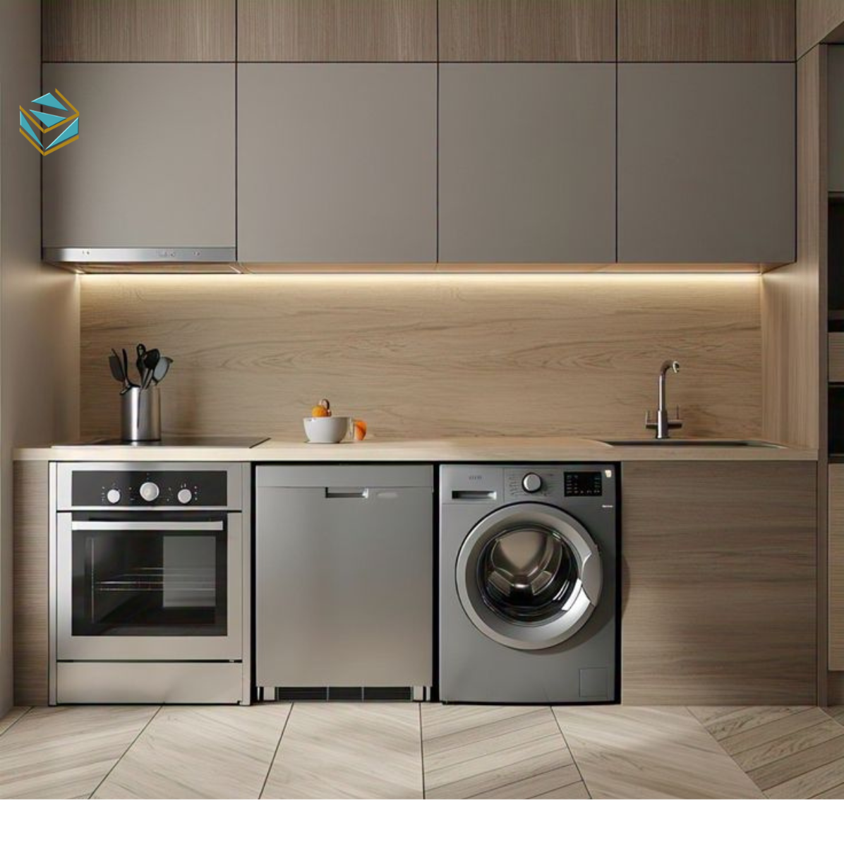 Mẫu tủ bếp chữ I gọn gàng, đầy đủ công năng, phù hợp người độc thân hoặc gia đình ít người.