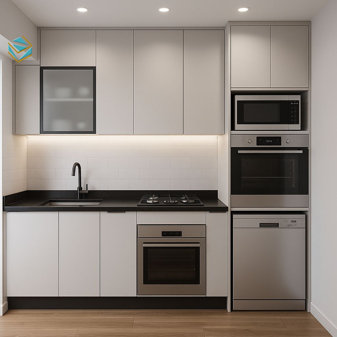 Hệ tủ bếp chữ I tích hợp giá bát nâng hạ, ray trượt giảm chấn, tối ưu trải nghiệm sử dụng.