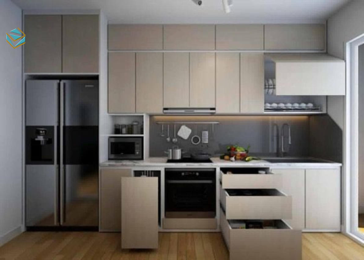 Thiết kế tủ bếp chữ I kịch trần, tận dụng chiều cao để chứa đồ, giữ bếp luôn gọn gàng.