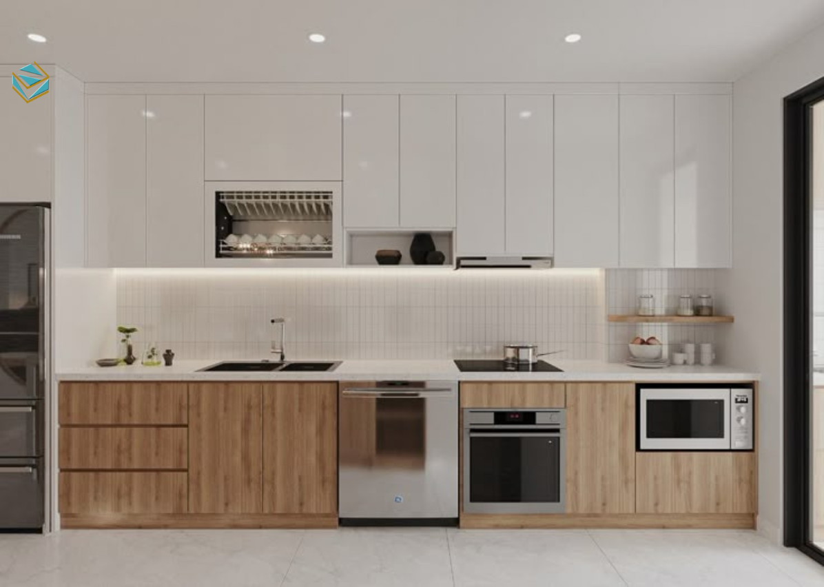 Thiết kế tủ bếp chữ I màu trắng – kem – xám nhạt, phù hợp căn hộ chung cư mini hiện đại.