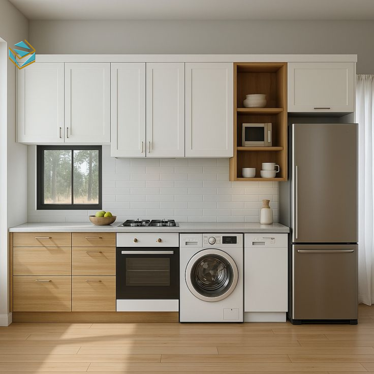 Mẫu tủ bếp chữ I làm từ MDF chống ẩm, phù hợp môi trường bếp thường xuyên tiếp xúc nước và nhiệt.