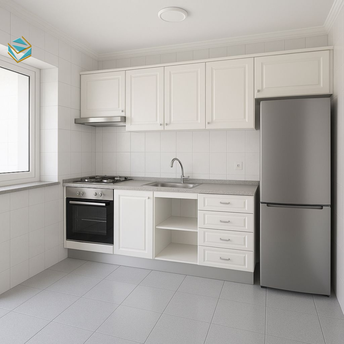 Mẫu tủ bếp chữ I phong cách tối giản, hạn chế chi tiết rườm rà, tập trung vào công năng sử dụng.