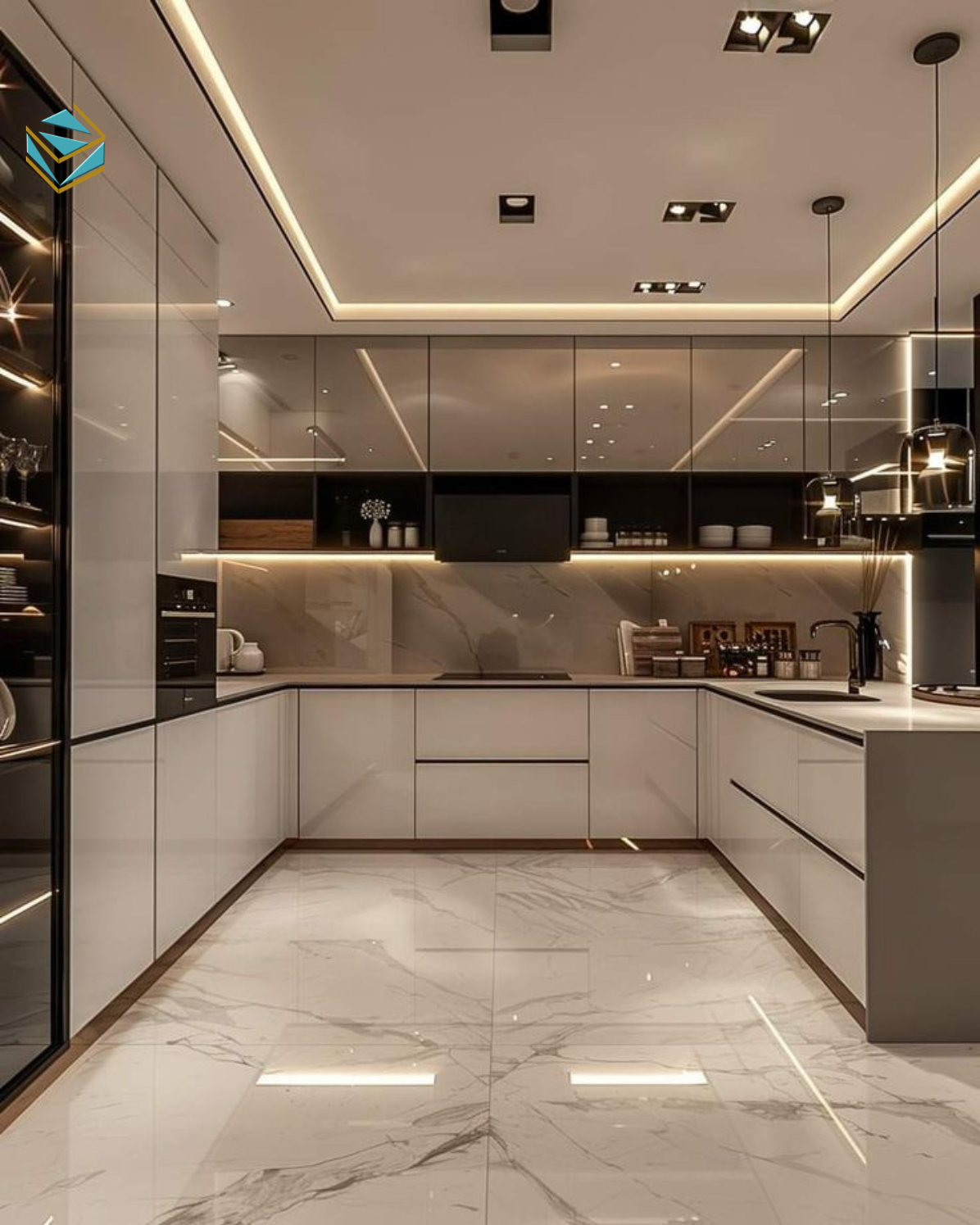 Tủ bếp chữ U làm từ MDF lõi xanh giúp hạn chế ẩm mốc, tăng độ bền khi sử dụng lâu dài.