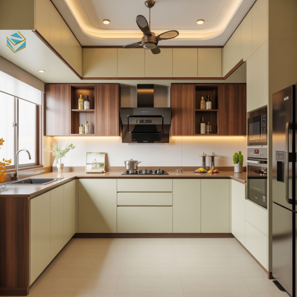 Thiết kế tủ bếp chữ U tận dụng chiều sâu bếp, bố trí khoa học cho khu vực nấu và lưu trữ.