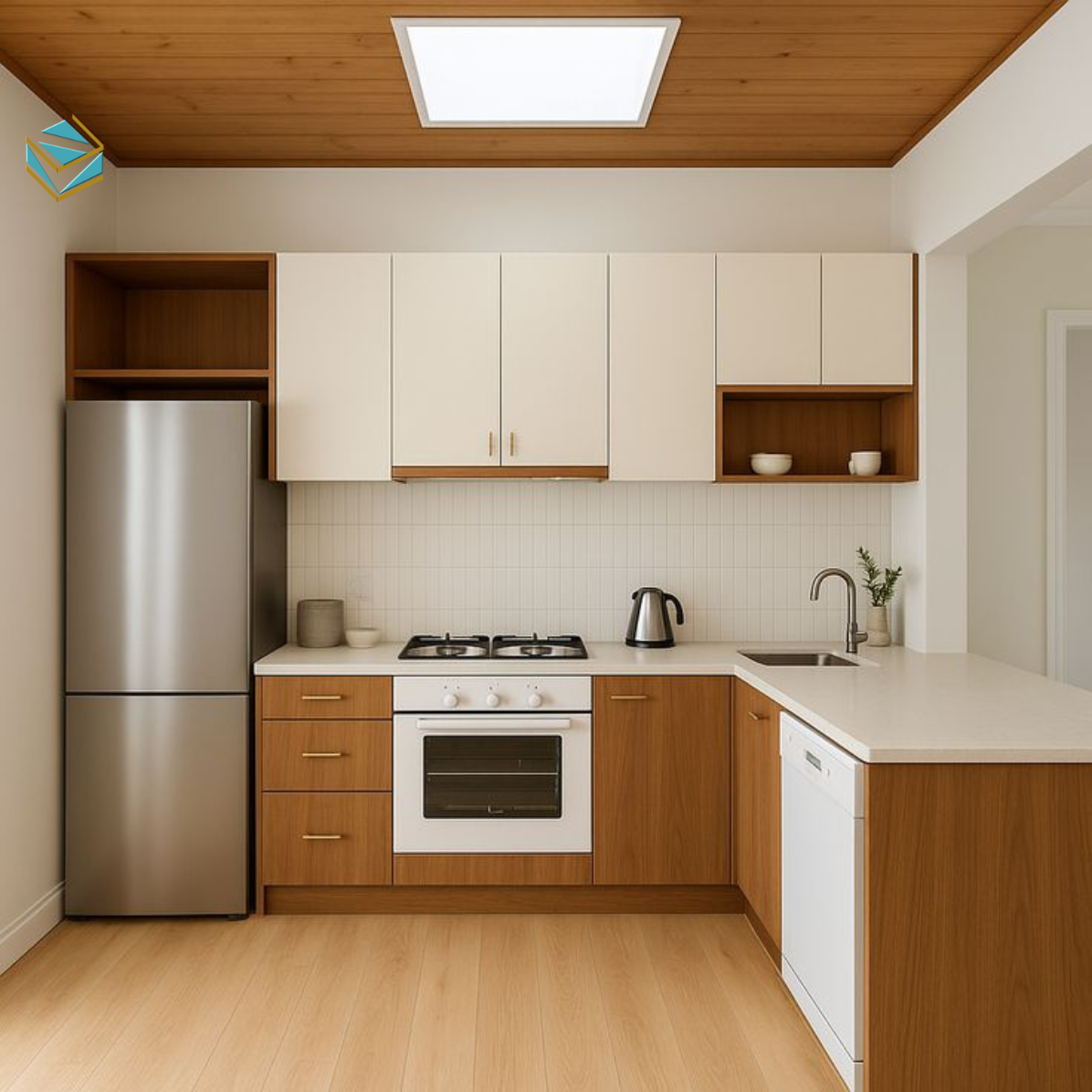 Tủ bếp sử dụng vật liệu chống ẩm, chống bám bẩn, chỉ cần lau nhẹ là sạch, rất phù hợp với nhịp sống nhanh và bận rộn.