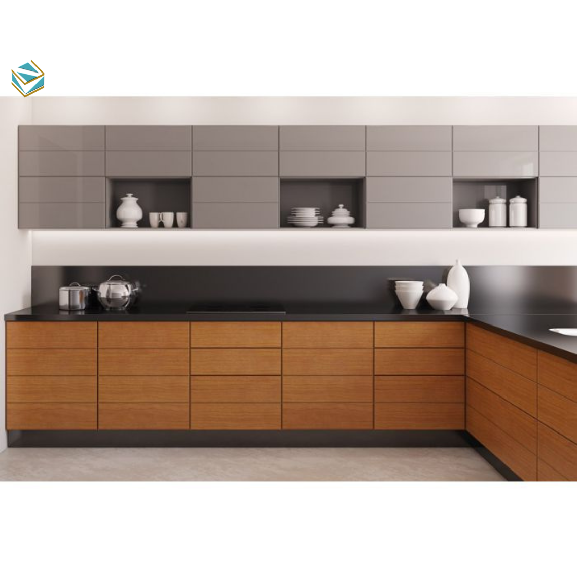 Mẫu tủ bếp gỗ công nghiệp cao cấp sử dụng vật liệu đạt chuẩn, giúp giảm cong vênh và nguy cơ mối mọt.