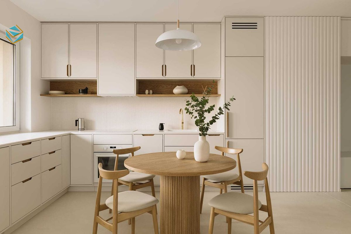 Không gian bếp chung cư sử dụng tủ bếp gỗ công nghiệp giúp tối ưu chi phí và hạn chế mối mọt nếu thi công đúng kỹ thuật.