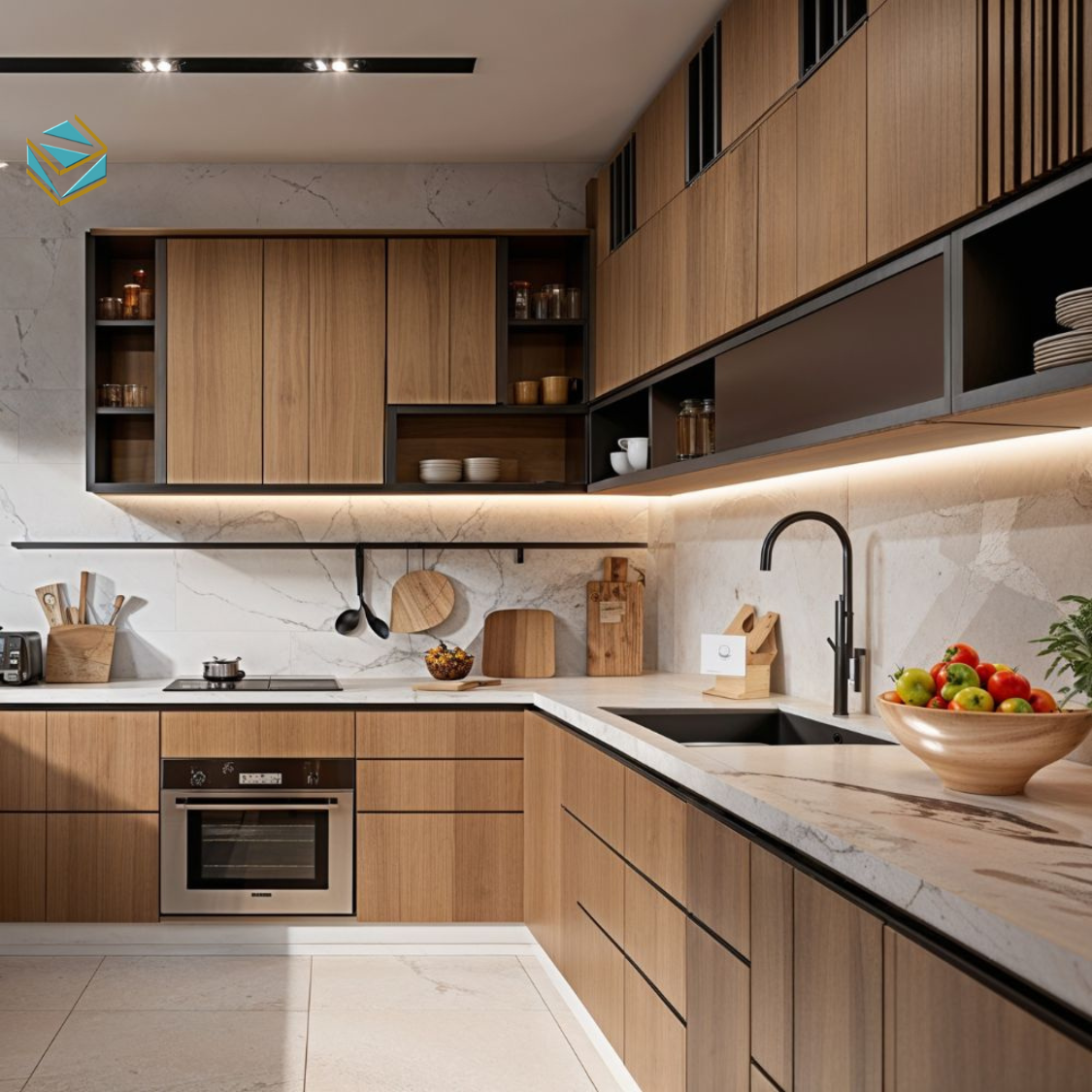 Tủ bếp gỗ công nghiệp phủ Melamine có bề mặt phẳng, hạn chế bám bẩn và phù hợp cho gia đình sử dụng thường xuyên.