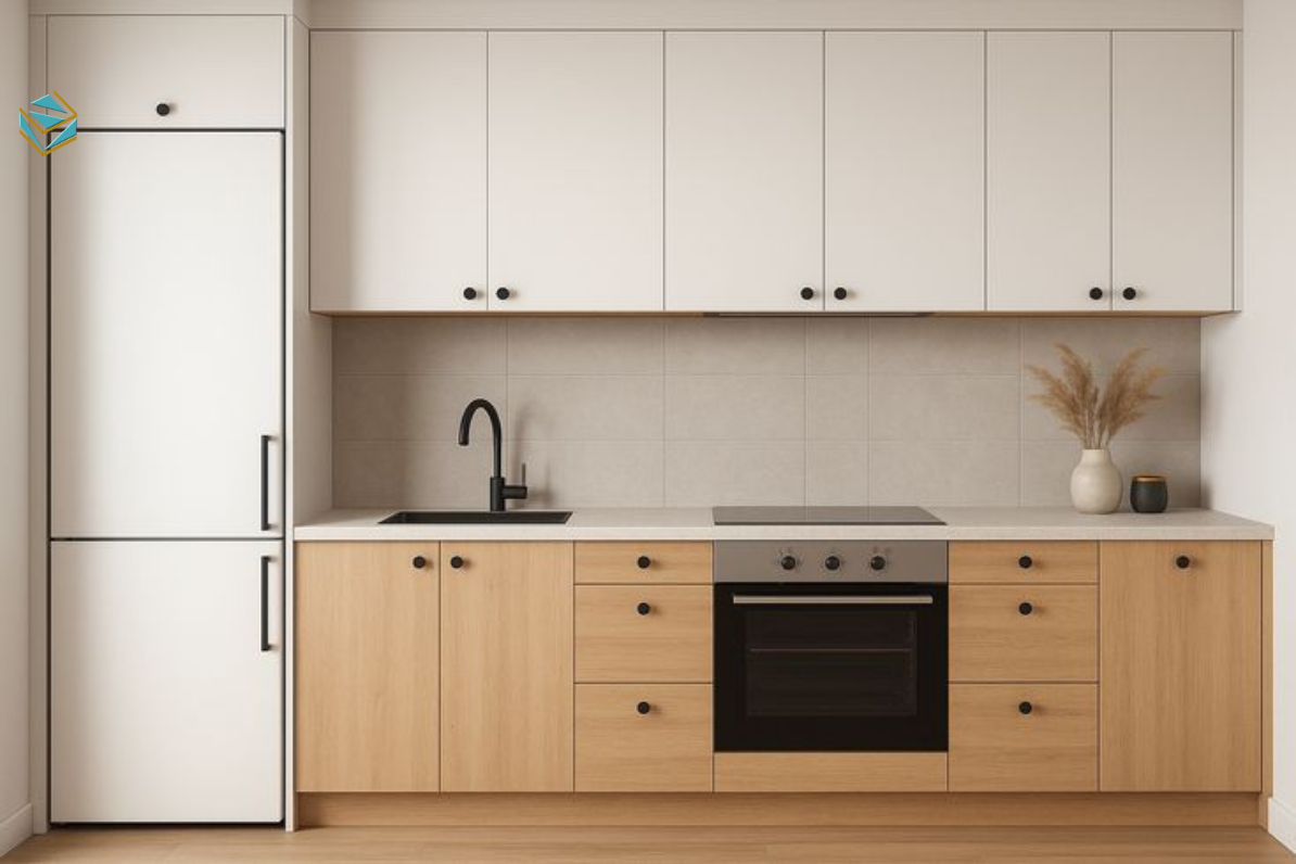 Thiết kế tủ bếp gỗ công nghiệp hiện đại hỗ trợ lưu thông không khí, góp phần giảm nguy cơ mối mọt.