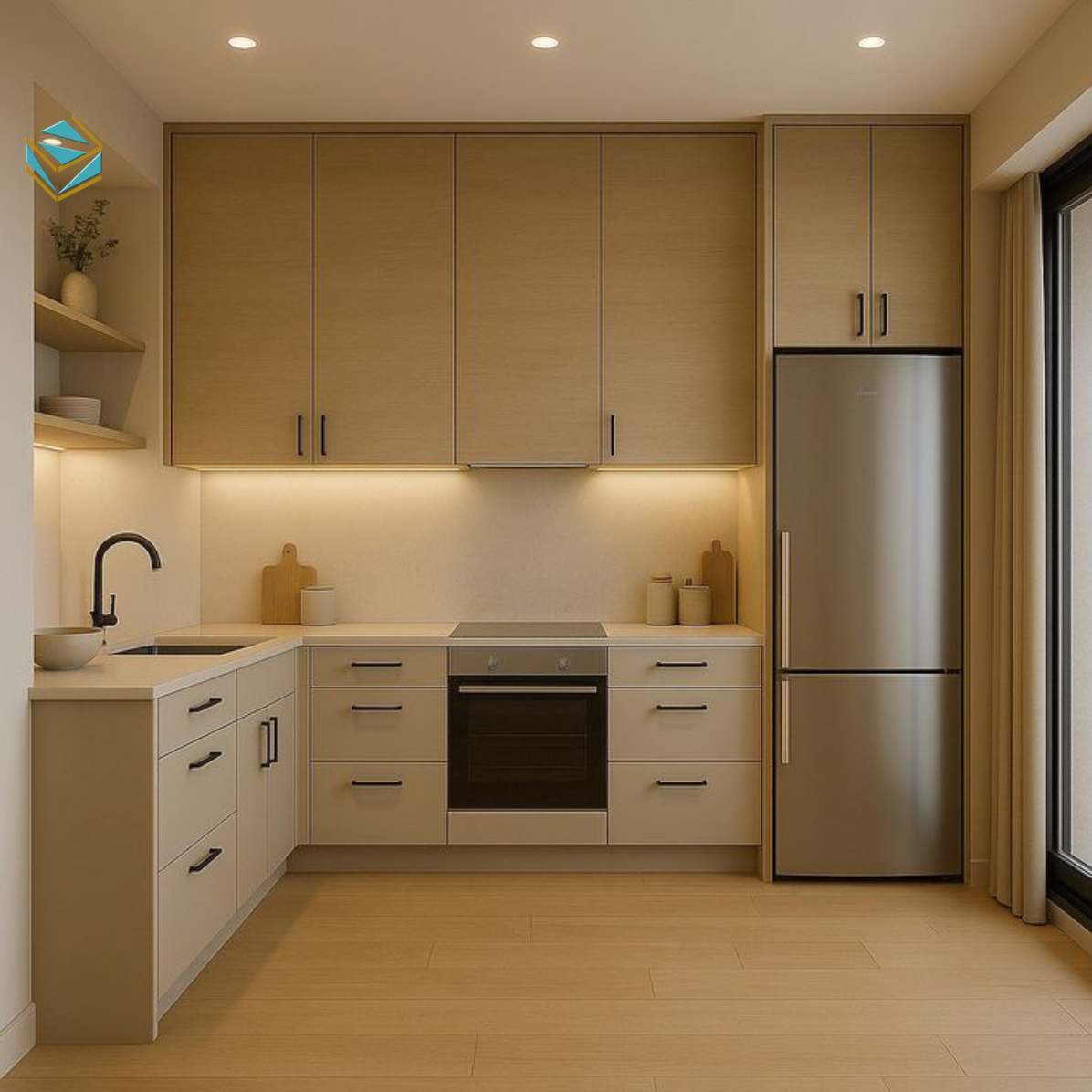 Tủ bếp được trang bị phụ kiện cao cấp giúp đóng mở êm ái, sắp xếp đồ dùng khoa học, giảm tối đa thời gian tìm kiếm khi nấu ăn.