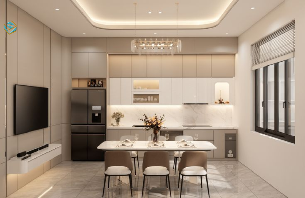 Mẫu tủ bếp dành cho căn hộ diện tích nhỏ, tận dụng tối đa không gian nhưng vẫn đảm bảo sự gọn gàng và tiện nghi cho người bận rộn.