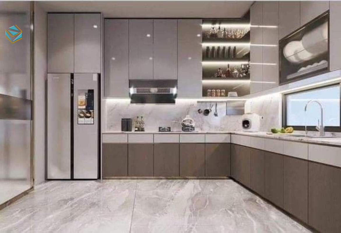 Hình ảnh thực tế tủ bếp rẻ làm từ MDF lõi xanh, bề mặt Melamine, đáp ứng nhu cầu sử dụng bền và ổn định.