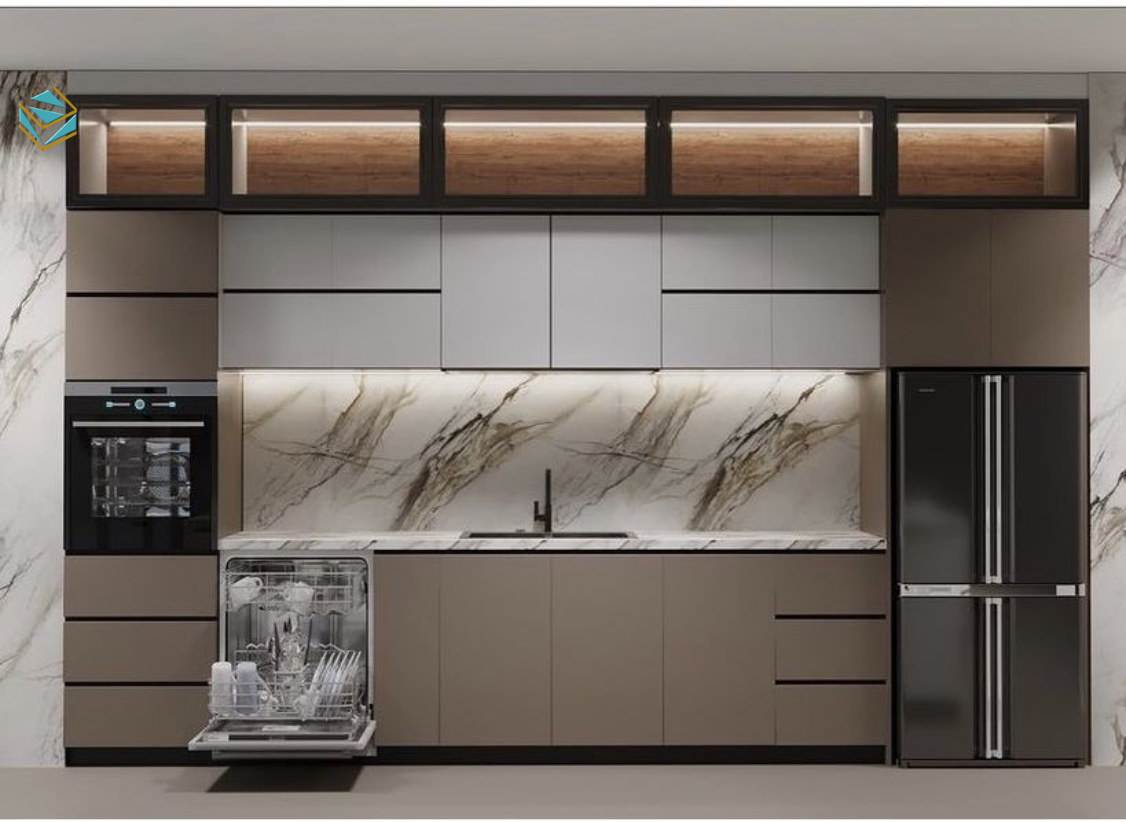 Mẫu tủ bếp đẹp hiện đại sử dụng MDF Acrylic bóng gương cao cấp, phù hợp xu hướng nhà ở mới.