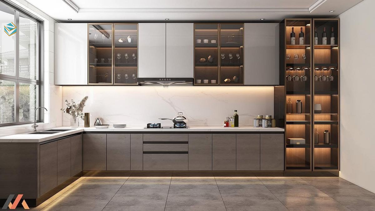 Sử dụng phụ kiện tủ bếp Hafele và ray trượt giảm chấn trong thi công tủ bếp giúp hạn chế xệ cánh và cong khung.