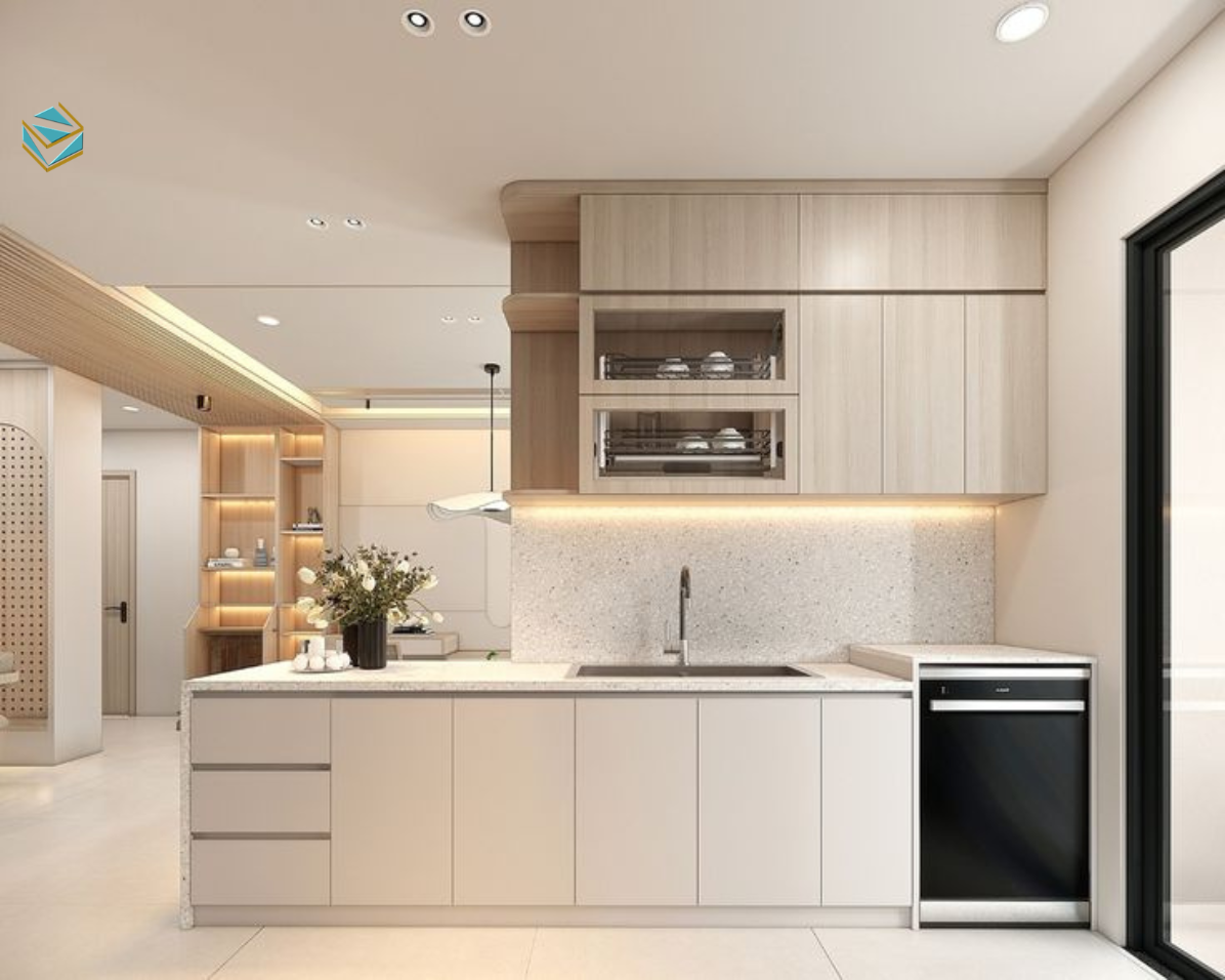 Mẫu thiết kế tủ bếp phong cách hiện đại, tối ưu không gian bếp với bố cục khoa học. Phù hợp gia đình thích nấu nướng thường xuyên nhưng vẫn đảm bảo thẩm mỹ tinh tế.