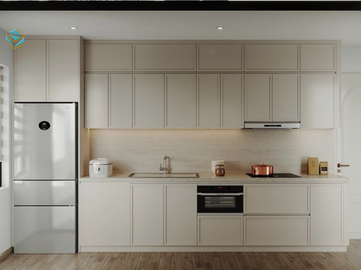 Mẫu thiết kế tủ bếp tối giản kết hợp phong cách Bắc Âu và Nhật Bản. Phù hợp người yêu sự gọn gàng và không gian bếp nhẹ nhàng.