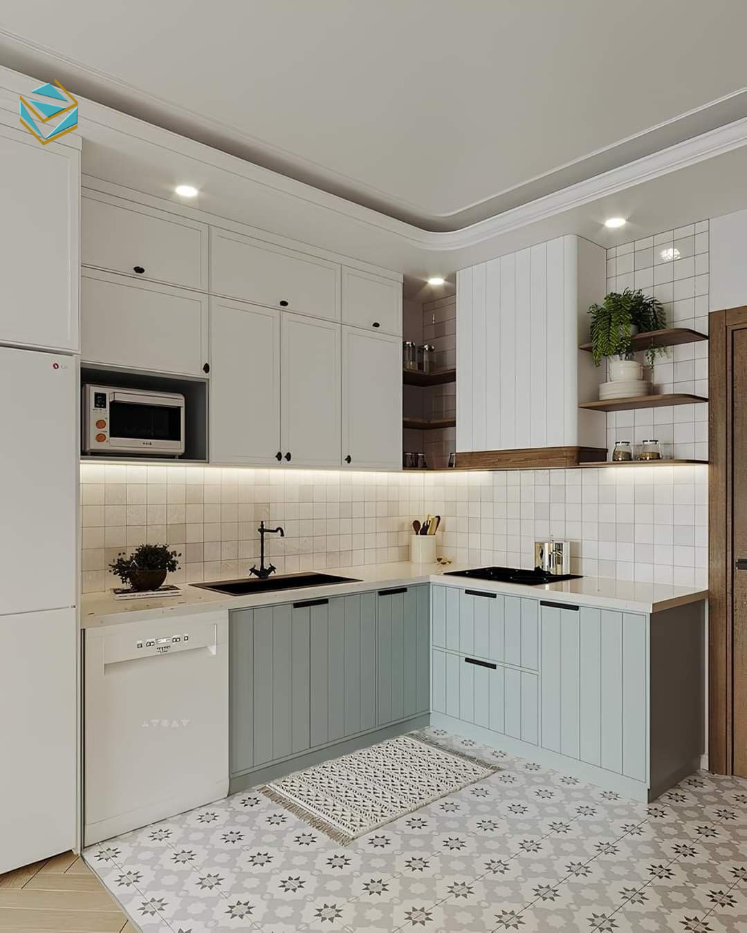 Mẫu tủ bếp cho nhà nhỏ phong cách hiện đại sử dụng bề mặt phẳng, ít chi tiết, dễ vệ sinh và tiết kiệm chi phí.