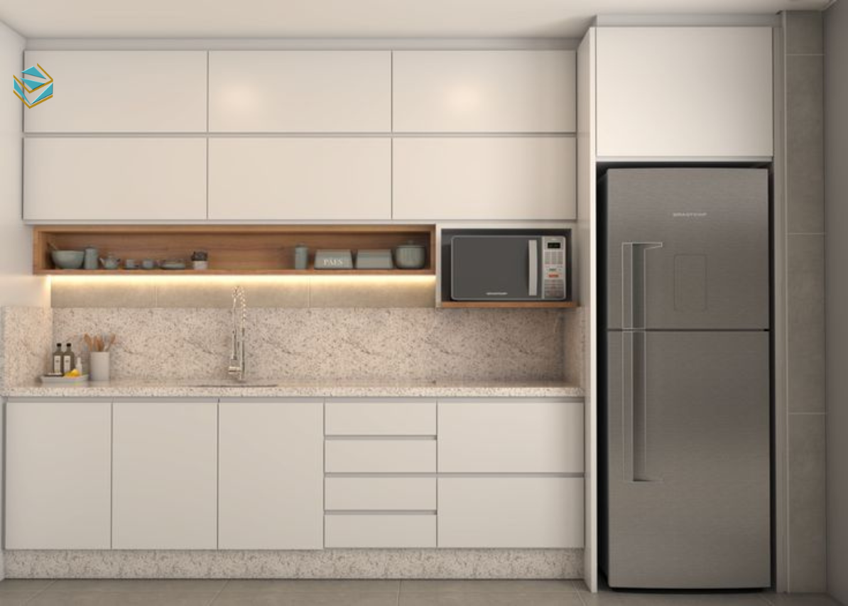 Tủ bếp MDF Acrylic mang phong cách hiện đại và luxury. Bề mặt bóng gương dễ lau chùi khi nấu nhiều món. Thiết kế phù hợp xu hướng tủ bếp hiện đại 2026.