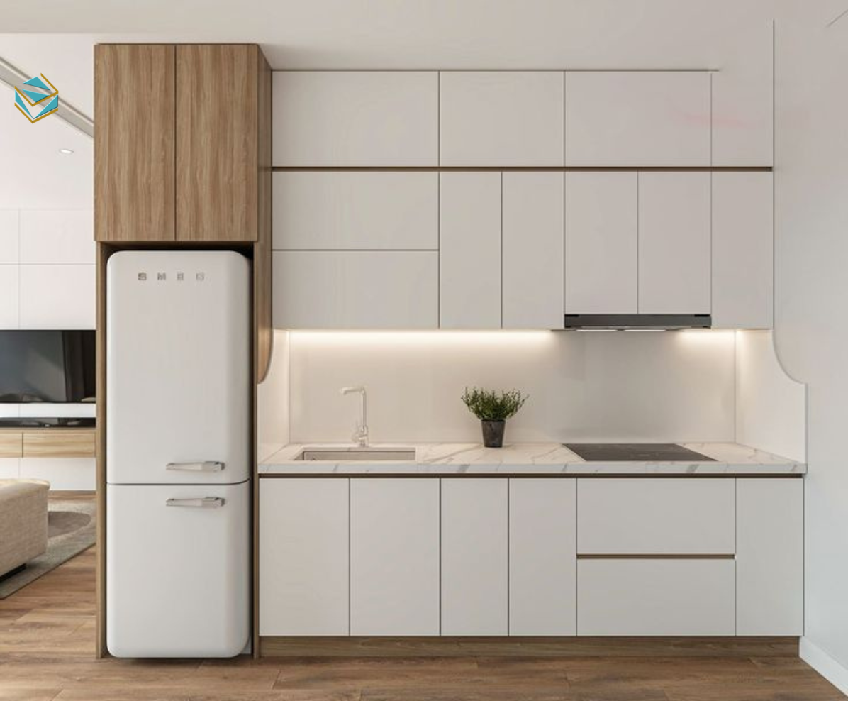 Mẫu Tủ bếp gỗ công nghiệp hiện đại bố trí theo nguyên tắc tam giác bếp giúp thao tác nhanh và gọn. Không gian lưu trữ rộng, phù hợp nhà nấu ăn mỗi ngày. Thiết kế tập trung tối ưu công năng và độ bền lâu dài.