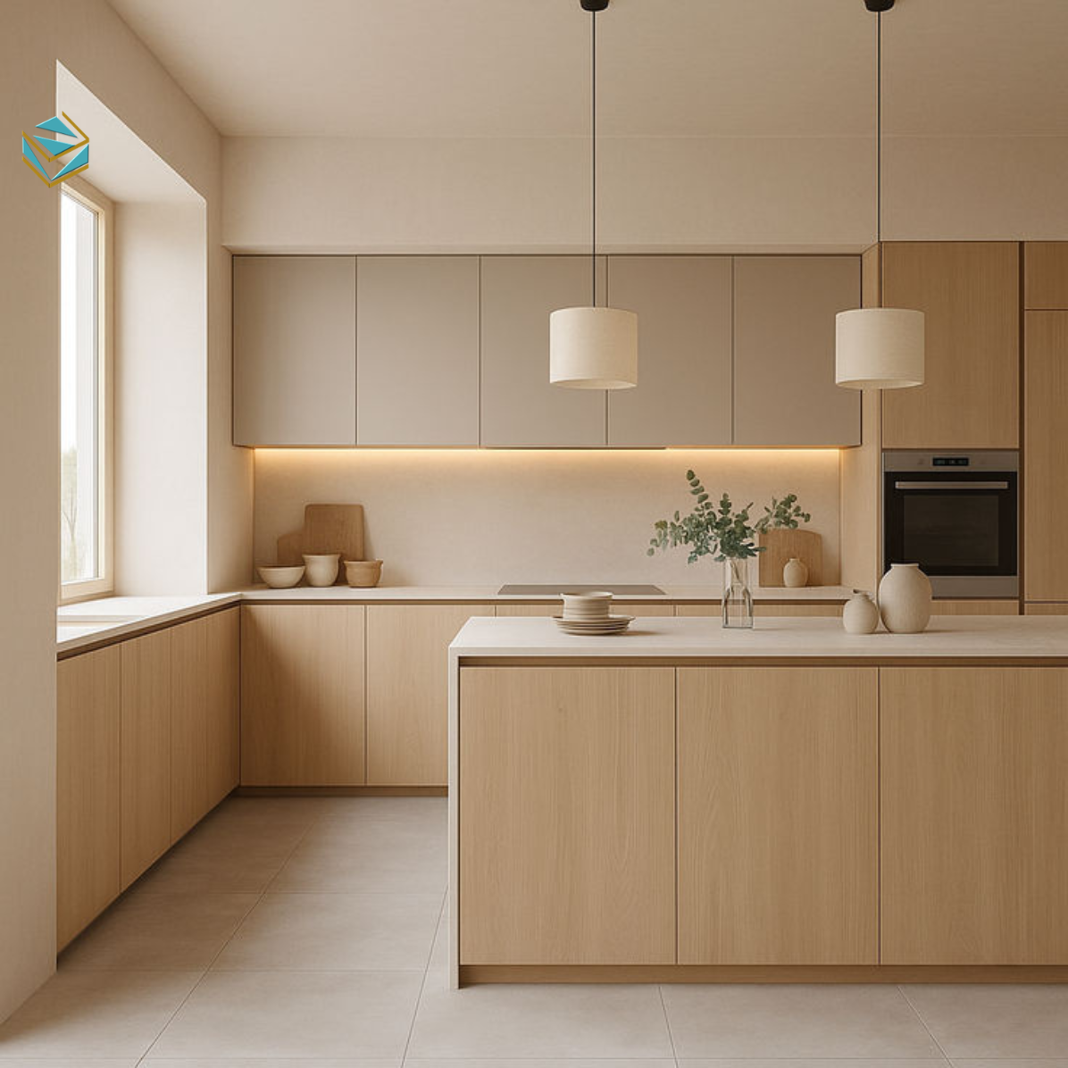 Thiết kế Tủ bếp gỗ công nghiệp chữ L tận dụng tối đa góc tường. Phù hợp căn hộ mini hoặc tủ bếp chung cư diện tích vừa phải. Giải pháp này giúp tối ưu không gian bếp mà vẫn đủ chỗ lưu trữ.
