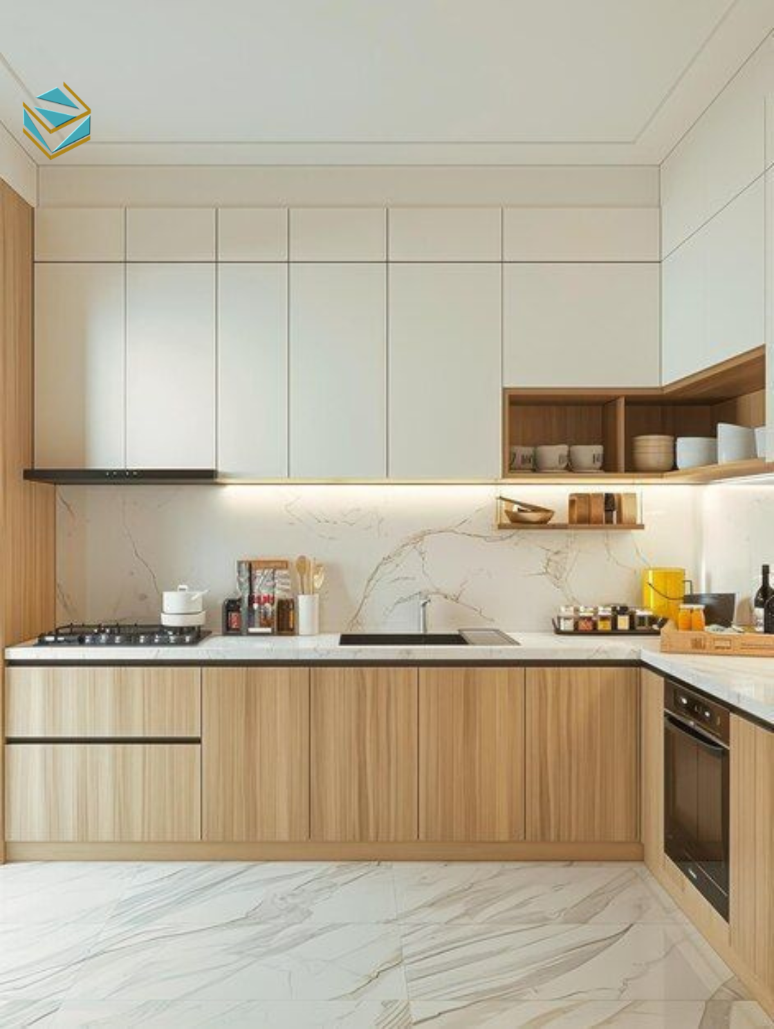 Mẫu Tủ bếp gỗ công nghiệp chữ U cung cấp không gian thao tác lớn. Thiết kế phù hợp nhà phố diện tích rộng. Hệ tủ kho đồ khô và phụ kiện thông minh giúp sắp xếp gọn gàng.