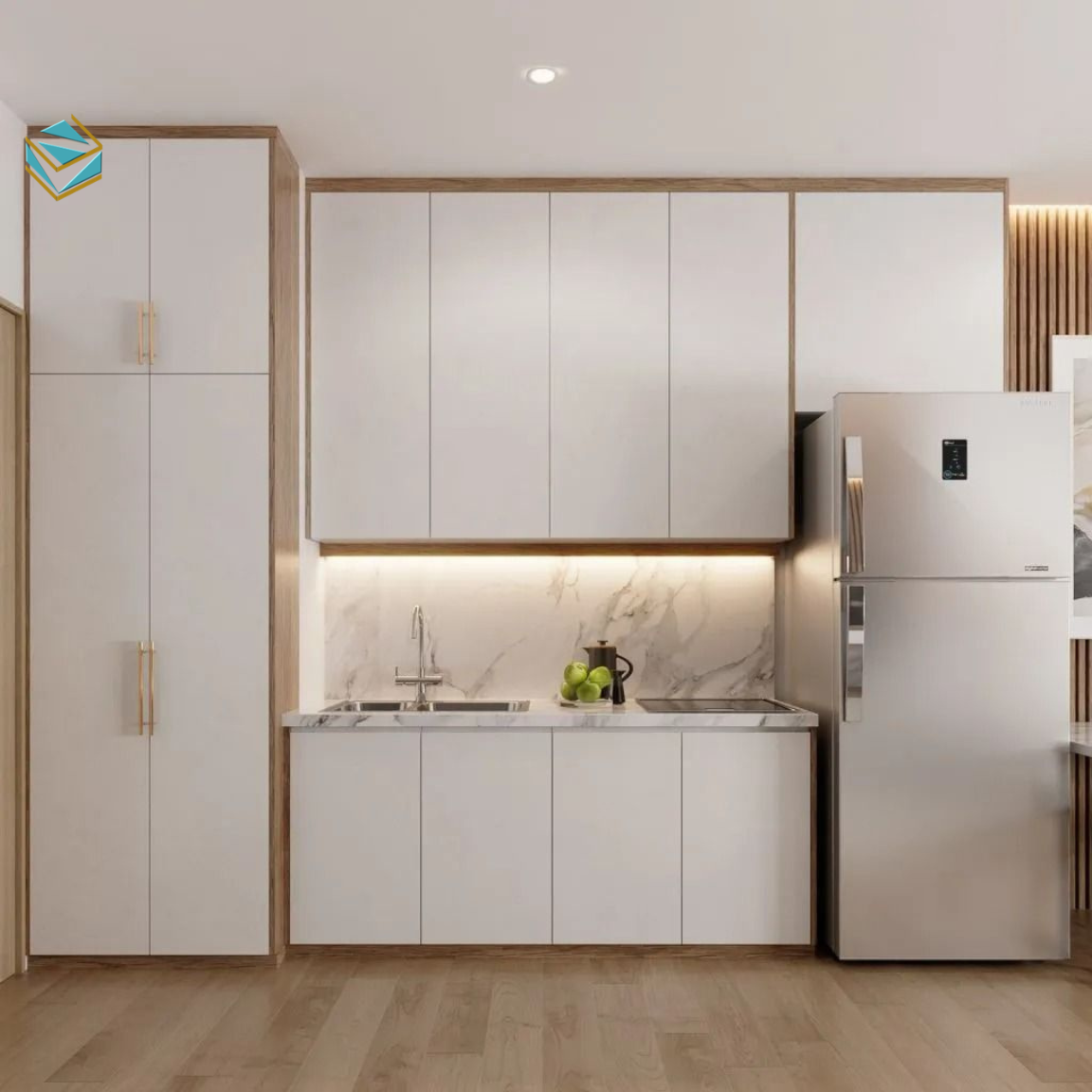 Mẫu thiết kế dành riêng cho tủ bếp nhà phố có tần suất sử dụng cao. Bố trí khoa học giúp di chuyển thuận tiện giữa bếp nấu, chậu rửa và tủ lạnh. Tủ bếp gỗ công nghiệp cao cấp mang lại độ bền và tính thẩm mỹ lâu dài.