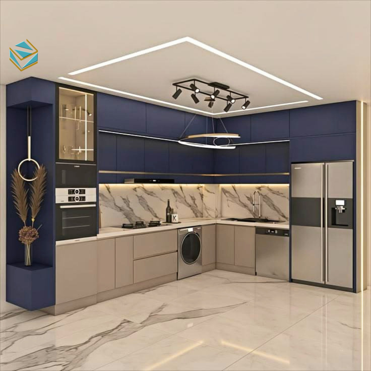 Dù nhỏ gọn nhưng vẫn đầy đủ công năng với các hệ ngăn kéo thông minh, bề mặt Acrylic giúp gian bếp luôn sáng bóng và mới mẻ.