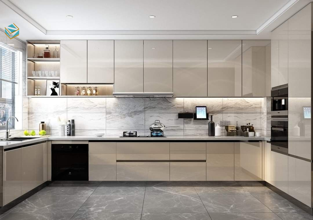 Thiết kế tủ bếp MDF Acrylic với bề mặt bóng gương cao cấp, mang phong cách tủ bếp hiện đại châu Âu.