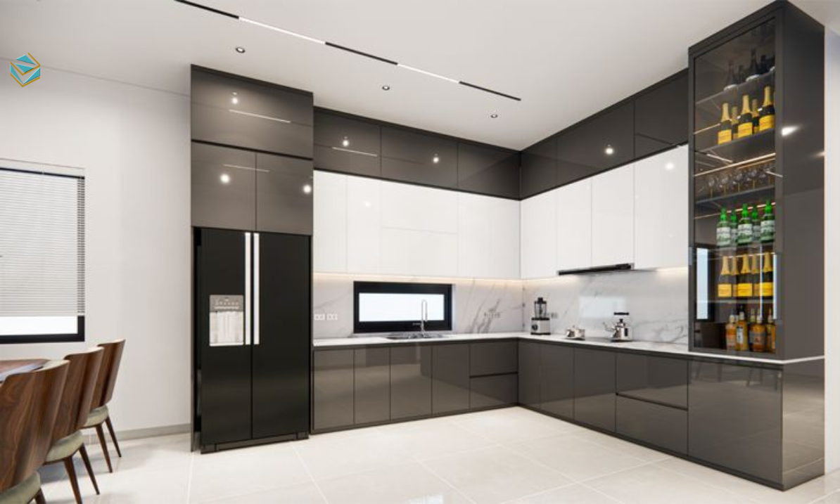 Mẫu tủ bếp MDF chống ẩm thiết kế tối giản với tông màu trung tính, phù hợp không gian tủ bếp chung cư hiện đại.