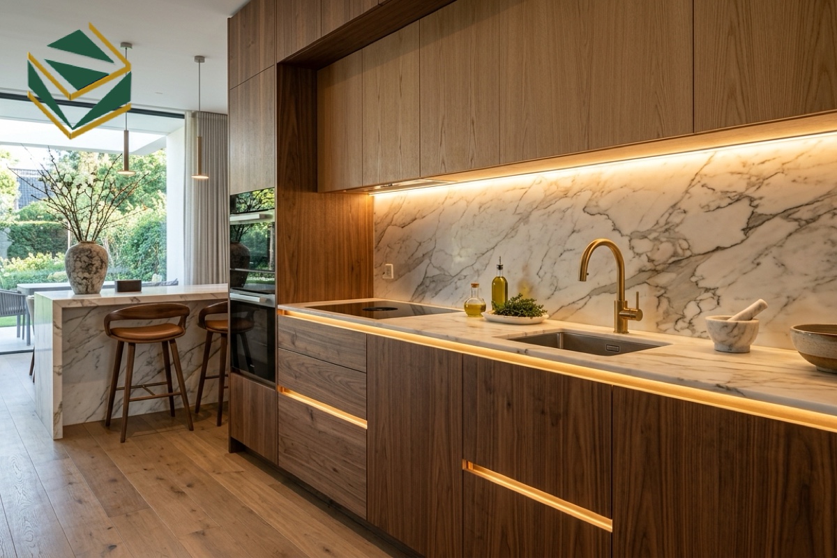 Mẫu tủ bếp gỗ sồi Mỹ tự nhiên phong cách Japandi kết hợp bàn đảo nan gỗ bo cong và đèn LED âm tủ Nam Việt