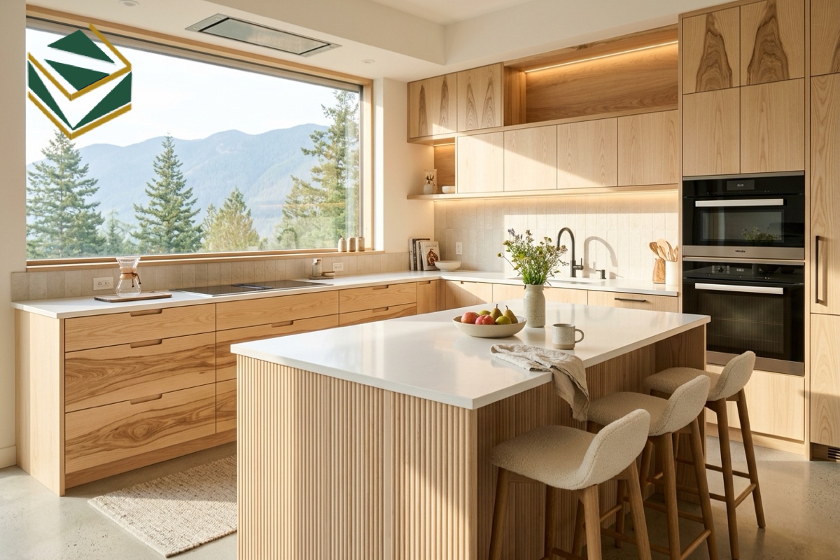 Mẫu tủ bếp gỗ sồi Nga ASH tự nhiên phong cách Scandinavian hiện đại kết hợp bàn đảo nan gỗ bo cong Nam Việt