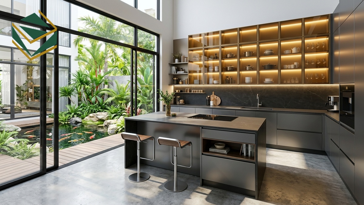 Mẫu tủ bếp Inox 304 cánh kính màu hổ phách kết hợp bàn đảo bếp đá cẩm thạch luxury