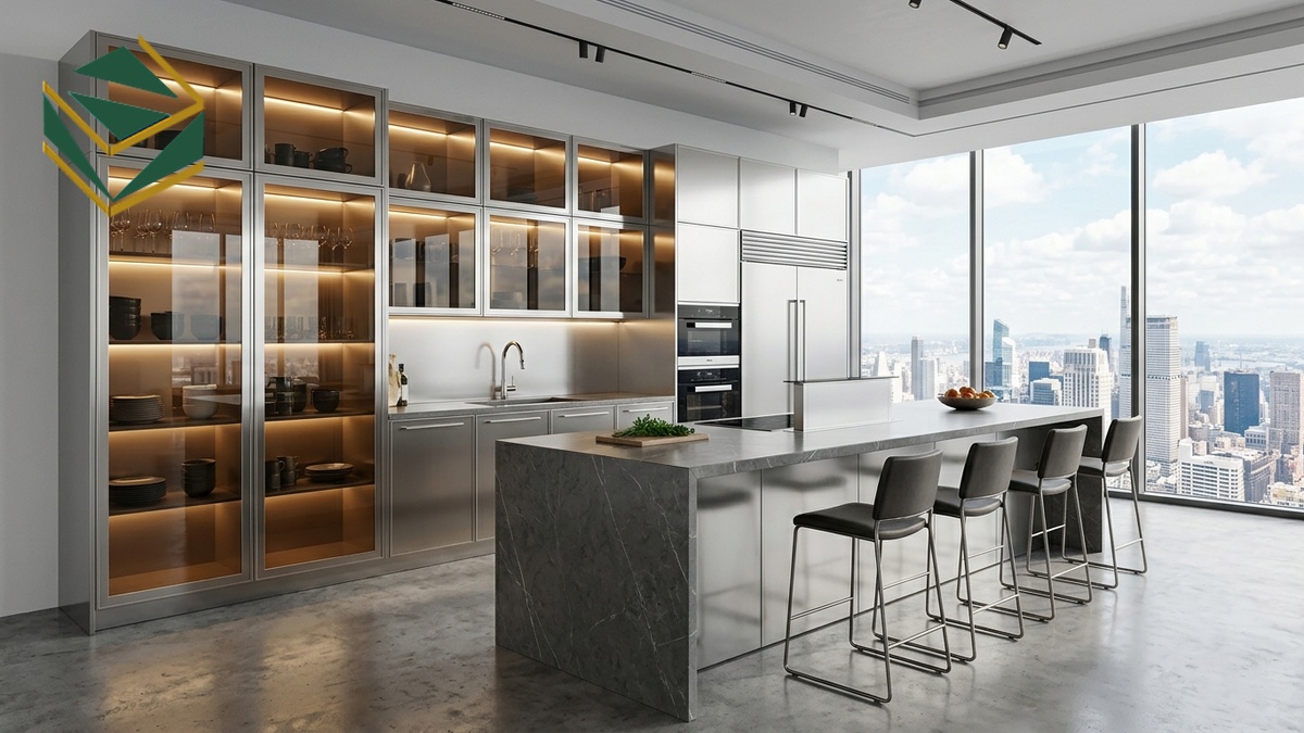 Mẫu tủ bếp Inox 304 cánh kính màu trà kết hợp bàn đảo bếp đá cẩm thạch luxury