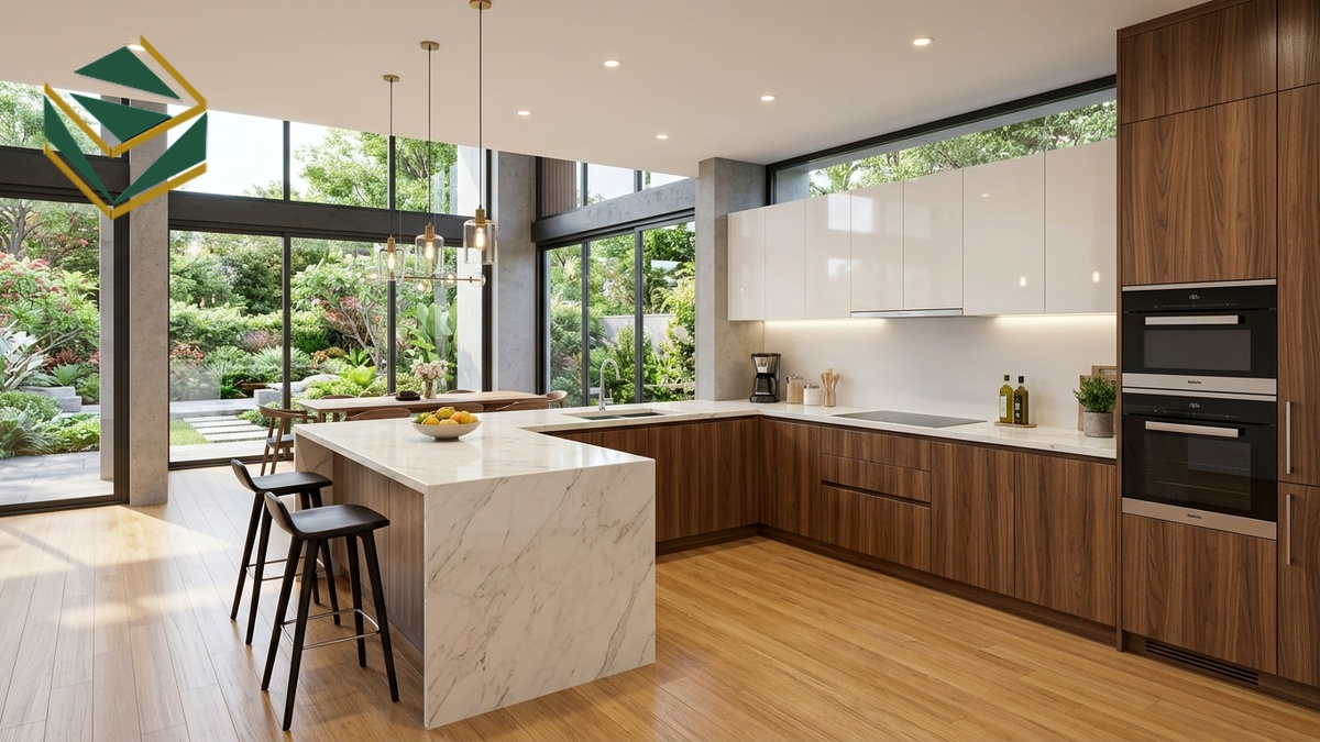 Mẫu tủ bếp kết hợp Laminate vân gỗ và Acrylic trắng bóng gương sang trọng