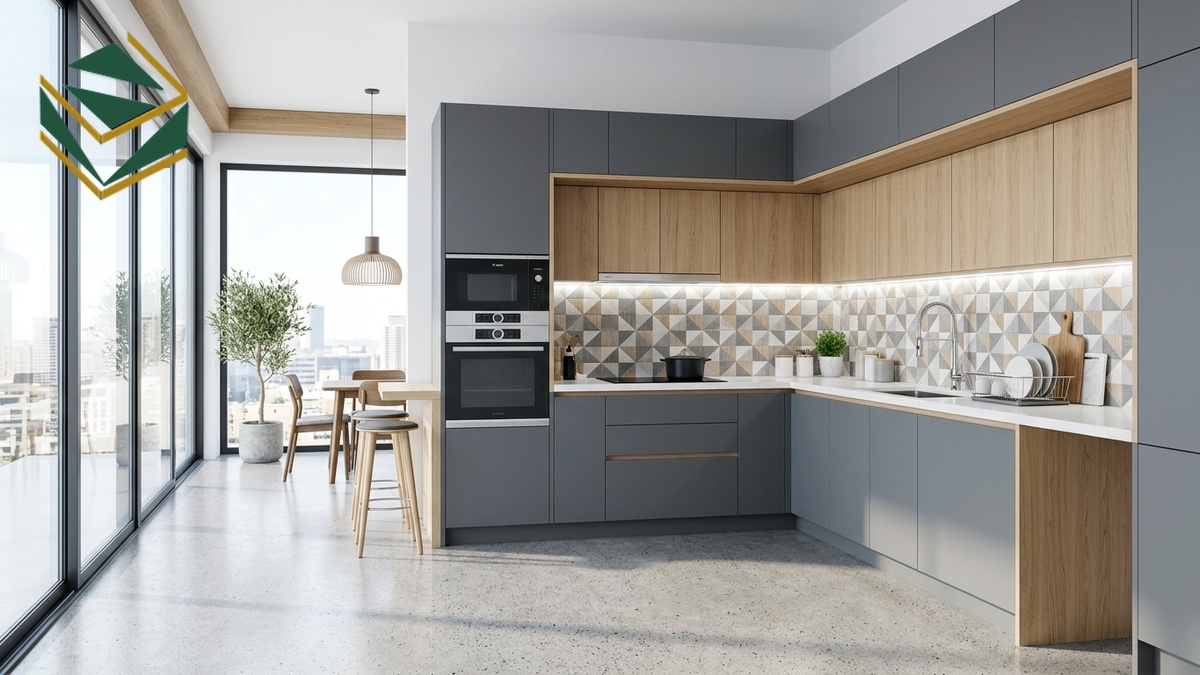 Mẫu tủ bếp MDF Melamine chữ L phối màu xám ghi và vân gỗ sồi sang trọng