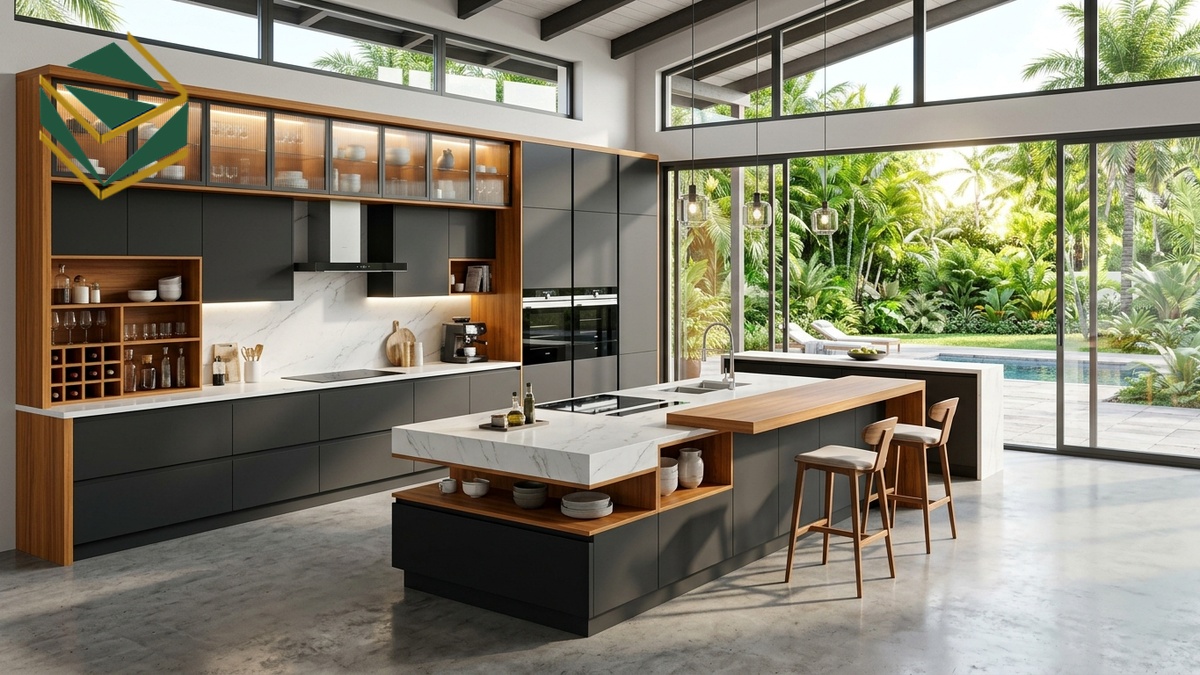 Mẫu tủ bếp nhựa PVC chữ U màu đen mờ phối gỗ Teak kết hợp bàn đảo hiện đại