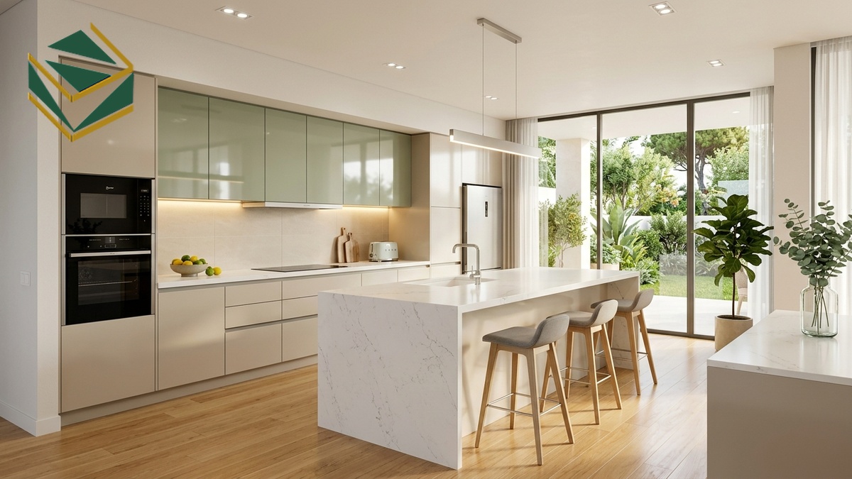 Mẫu tủ bếp thùng nhựa PVC cánh Acrylic kết hợp bàn đảo bếp hiện đại