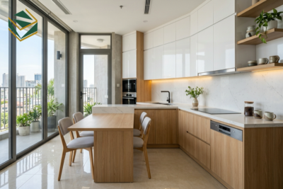 Mẫu tủ bếp chữ L liền bàn ăn thông minh tiết kiệm diện tích cho căn hộ tại TPHCM