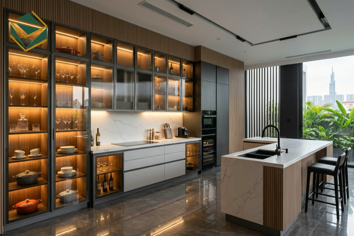Mẫu tủ bếp hợp kim nhôm cánh kính cao cấp chữ L kết hợp bàn đảo sang trọng tại TPHCM