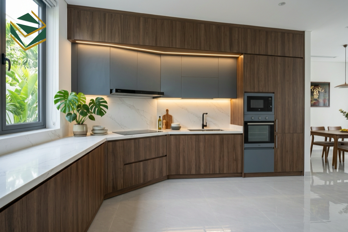 Tủ bếp laminate an cường TPHCM hiện đại chống trầy xước